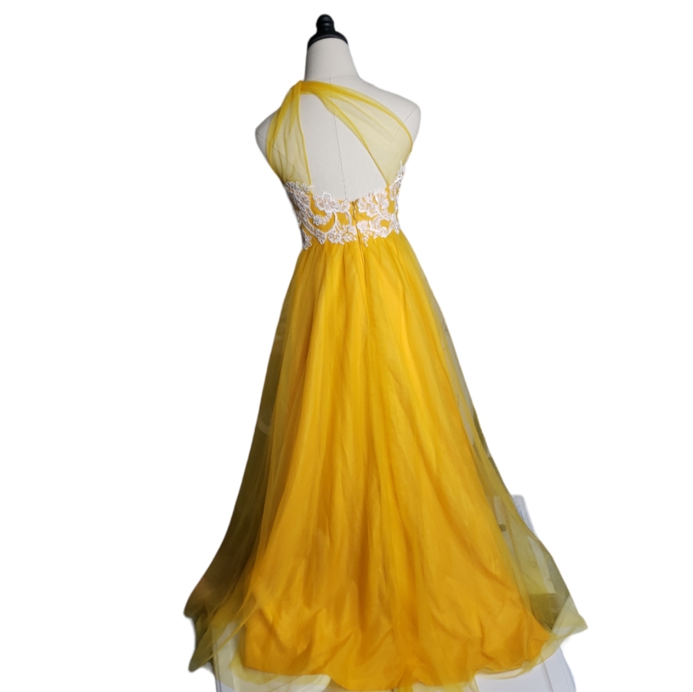 Azazie Ball Gown XS Golden Saffron Fantasy Fairy Tulle Lace One Shoulder Prom - Picture 7 of 17
